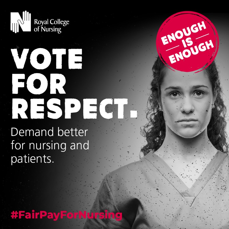 theRCN's tweet photo. Nursing pay has been held back for too long. 

RCN members employed in the NHS are voting for a better future.

Vote to strike for #FairPayforNursing.