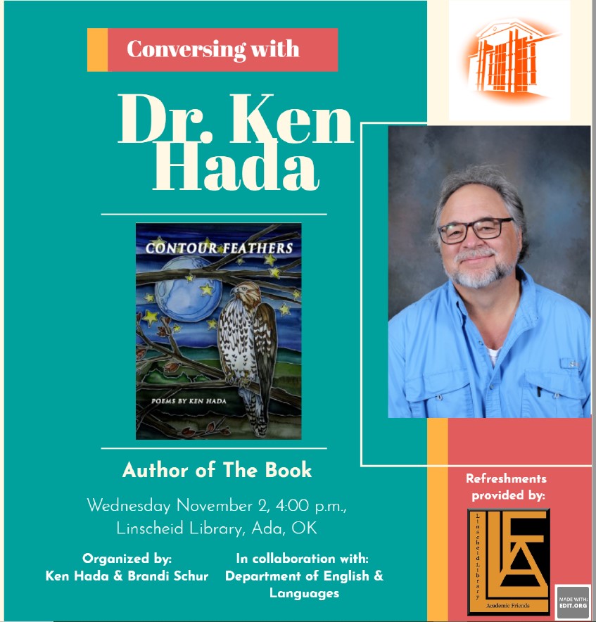 ecoklibrary's tweet photo. MARK YOUR CALENDAR -- Join us on Wednesday, November 2 as professor and renown author, Dr. Ken Hada talks about his newest book, Contour Feathers. Published by Turning Plow Press, Contour Feathers was awarded the 2022 Oklahoma Book Award for poetry. @khadakhadaken #ProfessorPoet https://t.co/uZVLy6v8EV