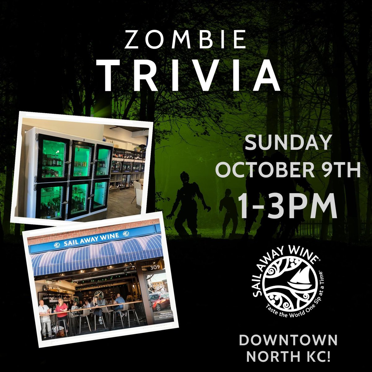 SailAwayWine's tweet image. Zombie Trivia this Sunday 🧟‍♂️ ‘tis the season for Halloween and all things scary! 

#letsgosailaway #zombietrivia #triviakansascity #kcmo #octobertrivia #halloweentrivia