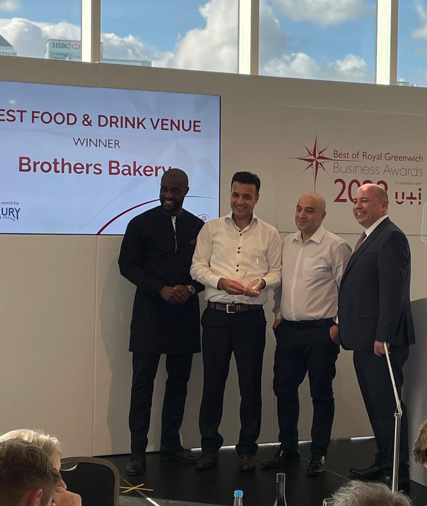 DruryUK's tweet photo. We are so very happy to have one of our own clients @BrothersBakery win the Best Food and Drink venue this year at the #GreenwichBizAwards 
Even better when the category is sponsored by Drury. @Royal_Greenwich https://t.co/0VQ8eNS4xS