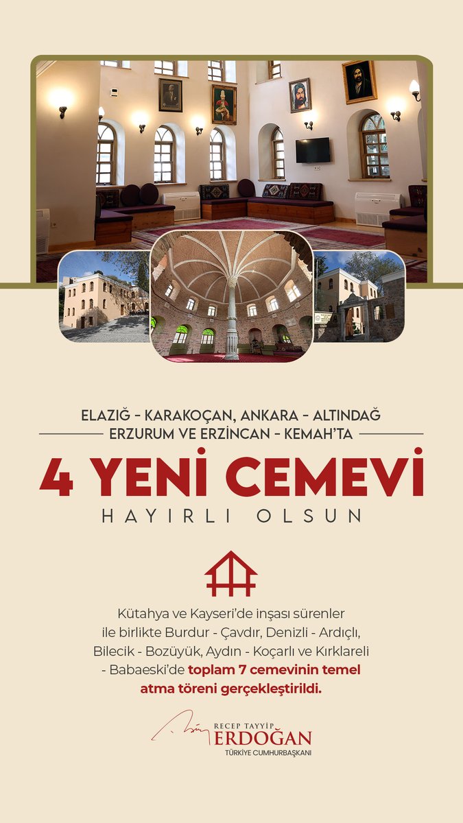 Bugün ülkemiz genelinde inşası tamamlanan 4 cemevinin açılışını, 7 cemevinin de temel atma törenini gerçekleştirdik.

Bu eserlerin Alevi-Bektaşi kardeşlerimize hayırlı olmasını diliyorum.