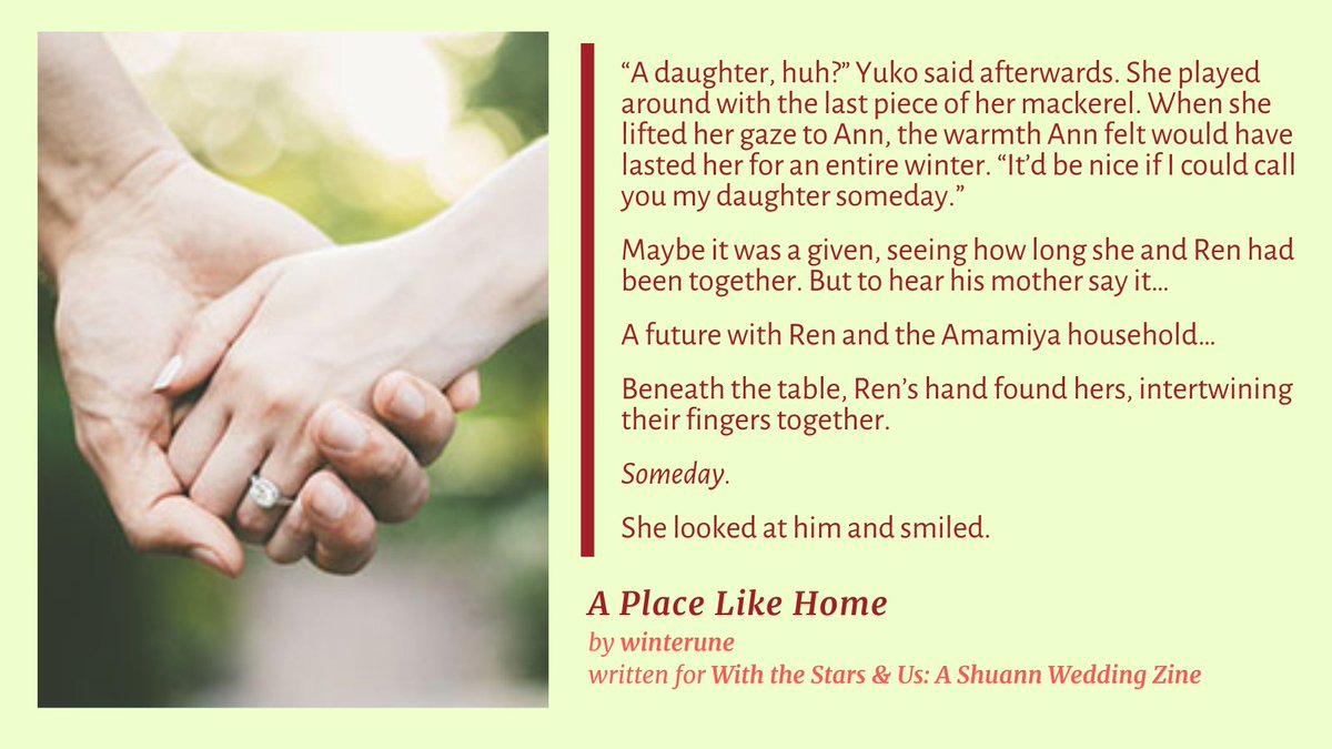 My piece for <a href="/thezinearcana/">Persona Girls Fashion Zine @ Contributor Apps</a>'s Shuann Wedding Zine!

Ren takes Ann to his hometown where she spends a day learning about him and his family.

G | 3K | Ren/Ann
AO3: archiveofourown.org/works/42166488