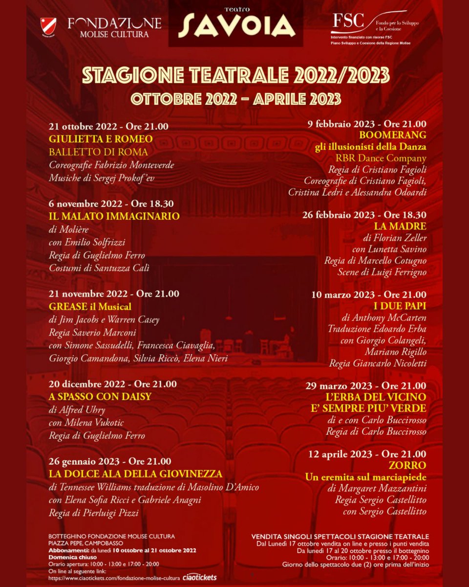FMC_Molise's tweet photo. Campagna abbonamenti al via da lunedì 10 ottobre! Scopri come fare https://t.co/TXsfcLn6Qn, acquista on line su https://t.co/88Z3KOkApp #teatro #danza #musical #Campobasso #VisitMolise #fondazionemolisecutura https://t.co/LSdqwHKVva