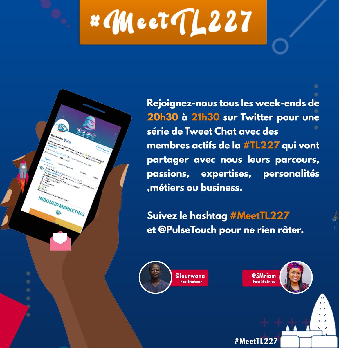 Here we're ! 🚀

Le #TweetChat des talents, passionnés et experts de différents domaines est de retour demain à 20:30 sur le hashtag #MeetTL227 et le compte de <a href="/PulseTouch/">Touch Pulse 🟠 📱📈💻</a>. Cette 1ère sera animée par <a href="/lourwana/">Lourwana Issaka</a> et <a href="/SMriam/">Meriam</a> .

Activez la cloche 🔔
#BrandingAfrica #NigerRising