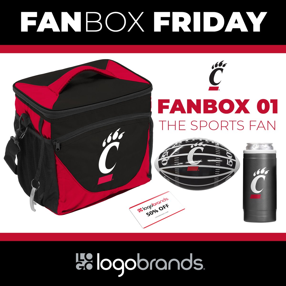 uofcincy's tweet image. #Bearcats - this one's for you! 🐾 We're giving away a #FanBoxFriday prize pack from @logobrandsinc before each of the next four @gobearcatsfb games. Retweet for chance to win this week's "SportsFan" box.