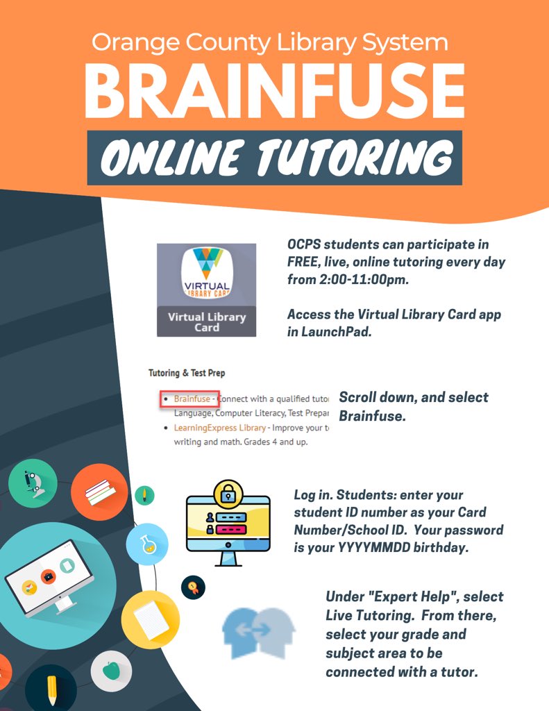 Free tutoring with Brainfuse. All students have access via the Virtual Library Card in Launch. @CDLocps @ocls #ImpactCDL #OCPSReads