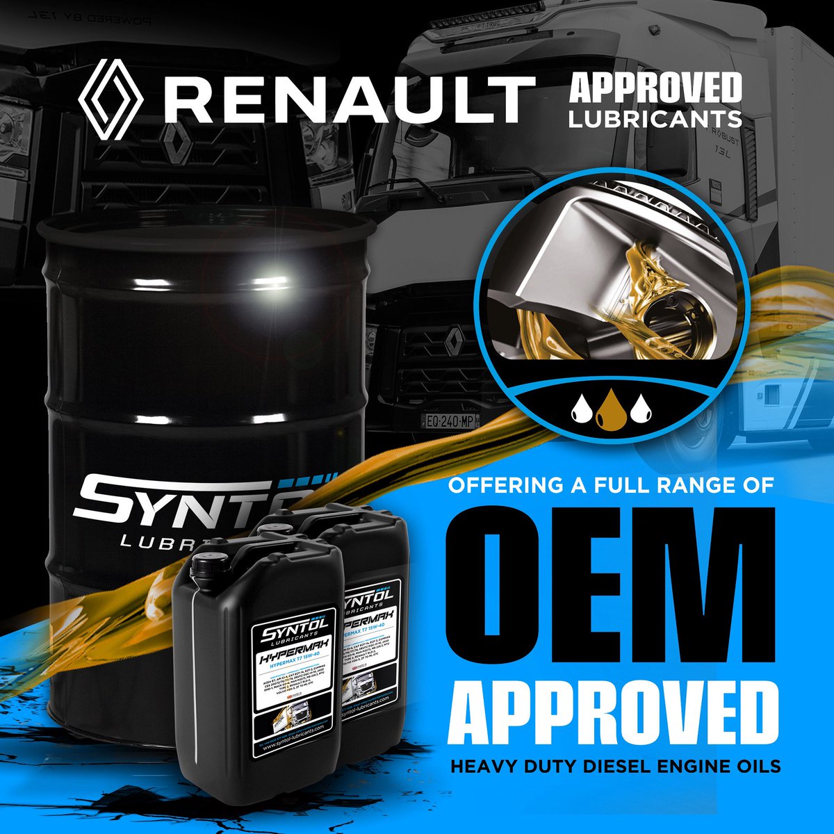 Operating Renault Commercial Vehicles? 

✔️HYPERMAX T7 15W-40 – RENAULT RLD 2 APPROVED
✔️HYPERMAX T9 10W-30 – RENAULT RLD 3 APPROVED
✔️HYPERMAX T9 15W-40 – RENAULT RLD 3 APPROVED
✔️HYPERMAX T10 10W-40 – RENAULT RLD 3 APPROVED

📞 0333 5771226 for all enquiries