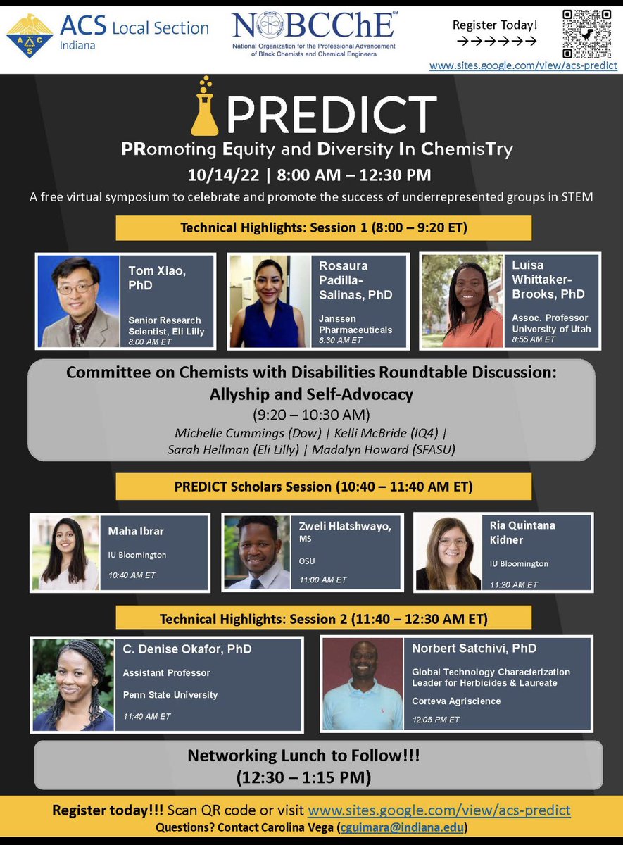 The Indiana Section of the ACS invites you to join us for our second annual PREDICT (Promoting Equity and Diversity In Chemistry) Symposium. This free, virtual symposium will feature talks from academia and industry, networking, and discussions on allyship and self-advocacy.