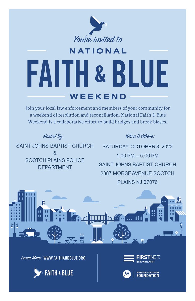We hope you will come out and join us at our First ever Faith &amp; Blue event, tomorrow, from 1-5pm at St. John's Church, 2387 Morse Ave., Scotch Plains, NJ. #faithandblue  #FaithandBlue2022