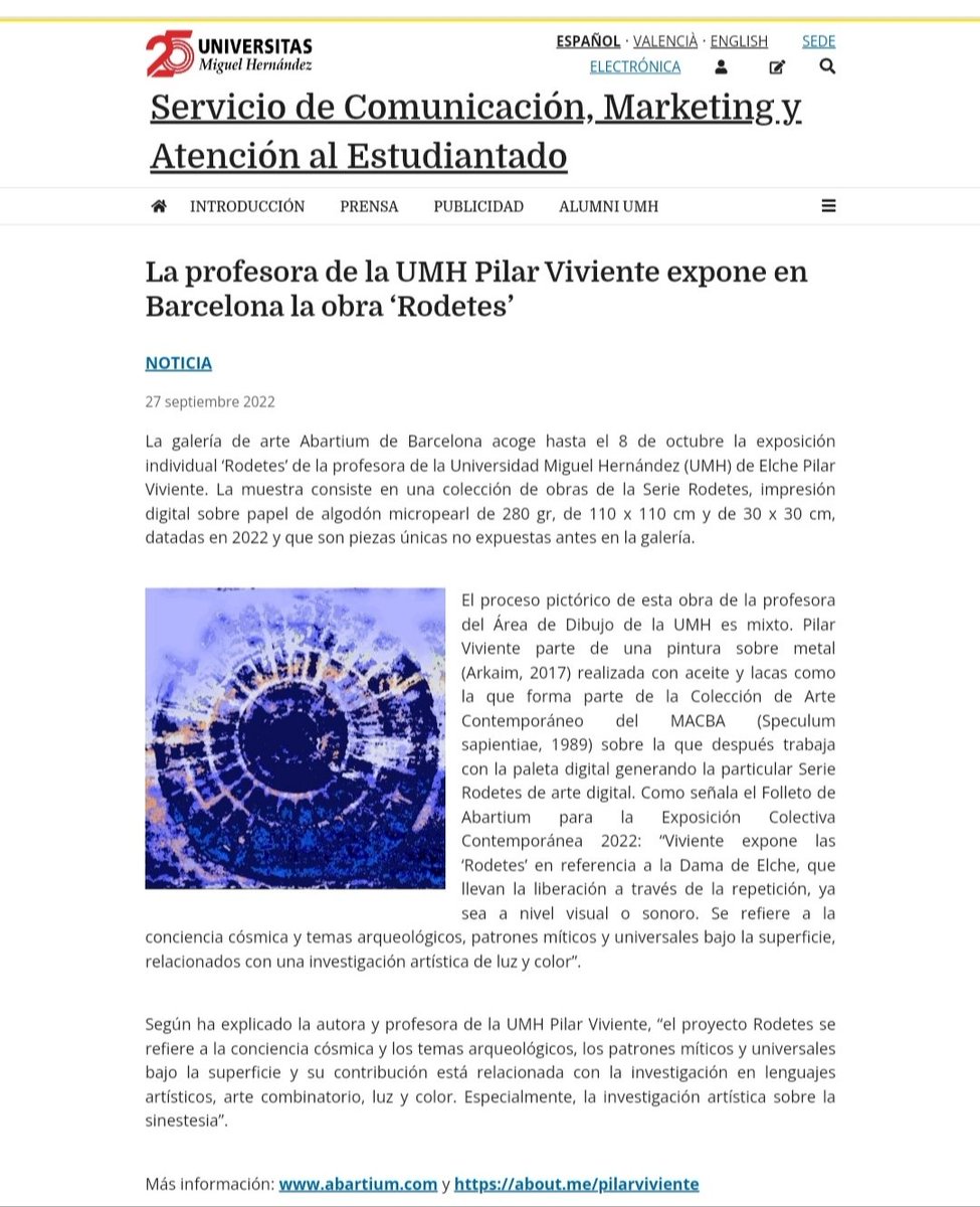 PilarViviente's tweet photo. Muchas gracias a la Universidad Miguel Hernández por cubrir la noticia. ✍️🎨🎓📯
https://t.co/Gc6mZ3pCIA
Desmontamos el lunes. La exposición sigue abierta el fin de semana.
#pilarviviente #exhibition #Rodetes #digitalart #chromotherapy #portals #Abartium #artgallery #barcelona https://t.co/Ggy2jUnxcA