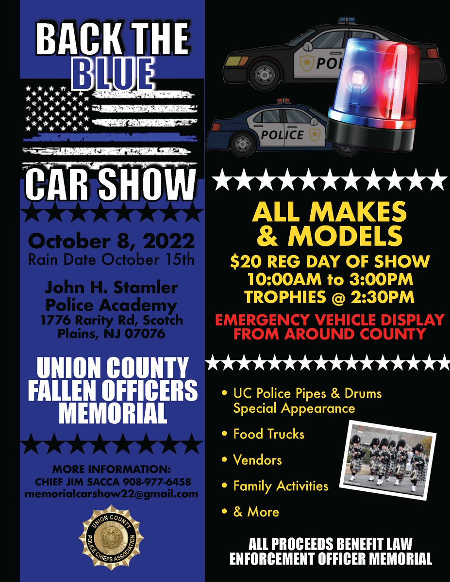 Please come out and join us for our Back the Blue car show which is being put on to raise much-needed money for a new Law Enforcement Memorial, which will take the place of the current one at the Union County Police Academy!