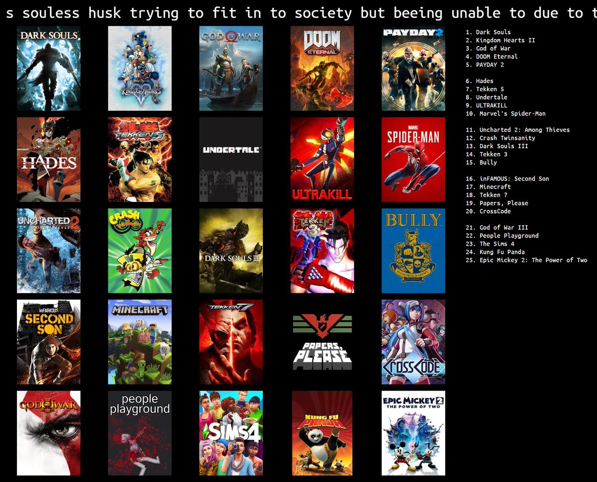 puringils's tweet photo. the list name is: the games that will numb out your sense of reality leaving you as a souless husk trying to fit in to society but being unable to due to the fact you rotted your brain when you were a child with video games https://t.co/GpujZ3tINn