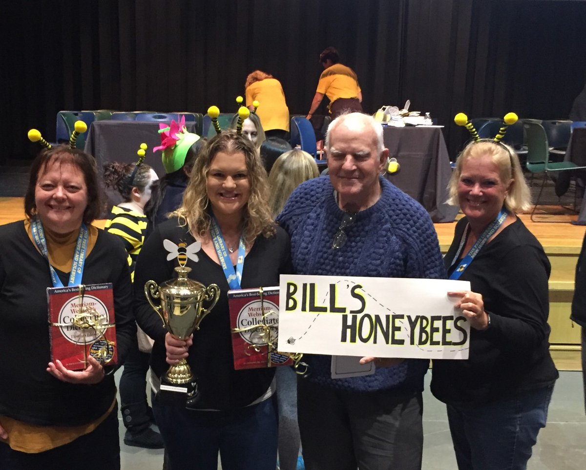 NHSlibrary's tweet photo. Will Bill’s Honeybees, the 2019 winners, wing their way to victory again? Bee there tonight to see! The Community Spelling Bee starts at 7 p.m. at NH-S HS theater. No tickets required, but please bring cash to tip the honey pots at the door! https://t.co/8lALTargTy
