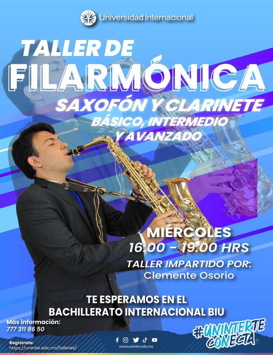 Uninter_Cuerna's tweet image. #ComunidadUninter potencializa tu talento y conviértete en un increíble musico siendo parte de la Filarmónica con nuestro Taller de Saxofón y Clarinete. 🎷
🗓️ ¡Consulta horarios y fechas!
Regístrate en: uninter.edu.mx/talleres/ 🎶
#UninterTeConecta con los mejores talleres. 🏁