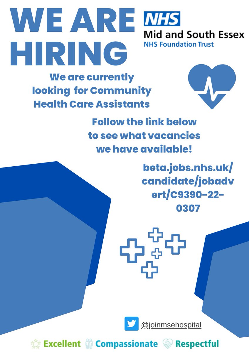 JoinMSEHospital's tweet photo. @MSEHospitals are hiring Community Health Care Assistants across the Mid and South Essex area's.

You'll be working within the local community providing #excellent patient care.

If you're seeking a rewarding, permanent opportunity, join the MSE team today:https://t.co/sJiQk07jhC https://t.co/zGq6qQ48bg