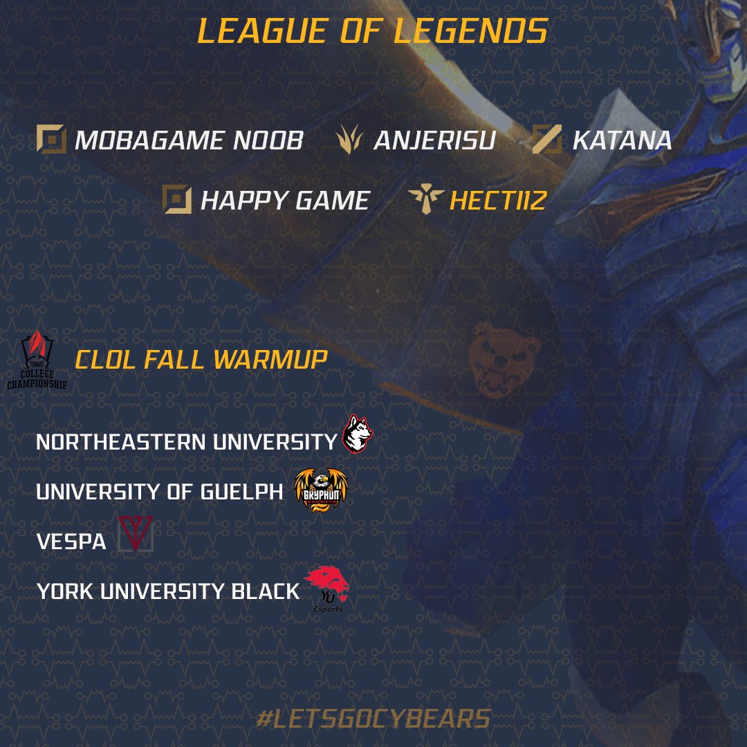 NYIT_Esports's tweet photo. League of Legends gets their season started with CLoL Fall Warmup. The team is coming into the season with a host of new faces and role swaps galore.

Under veteran leadership of Hector 'Hecti12' Enriquez the team looks to build towards a competitive spring season.
#LETSGOCYBEARS https://t.co/rl4RXC7VtA