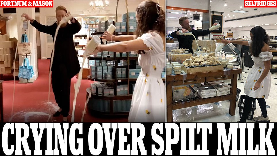DailyMail's tweet photo. Vegan milk-vandal activists claim THEY are victims of 'assault' after hero shoppers helped security escort them out of Selfridges https://t.co/96ry22RO48 https://t.co/aXtWf3BEpY