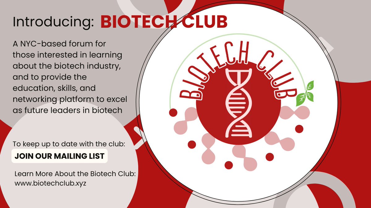 BIOTECHXYZ's tweet photo. Introducing the new #BiotechClubXYZ, a NYC-based forum for those interested in learning about the biotech industry, &amp; to provide the education, skills, &amp; networking platform to excel as future leaders in #biotech. Follow us &amp; sign up for our mailing list: https://t.co/bdLLn75HXk https://t.co/dwVAssDANZ