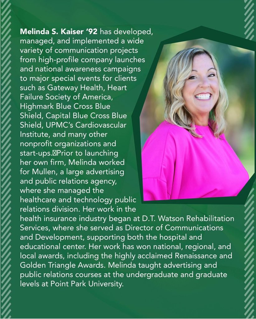 srucomm's tweet photo. Introducing our final Hall of Fame Inductee, Melinda S. Kaiser🏆

To purchase tickets or sponsor a student for our SRU Comm &amp; Media Hall of Fame event, please visit https://t.co/TyFE1Ae3Xf https://t.co/uj7JL4xsJG