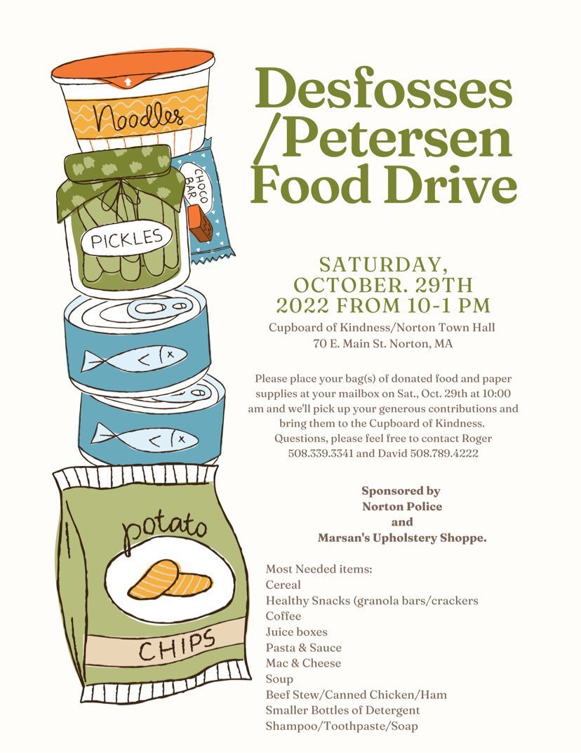 FOOD DRIVE: Help support the Cupboard of Kindness by participating in the Desfosses/Petersen food drive
<a href="/TheC2foundation/">TheC2foundation</a>
<a href="/SCNortonMa/">Sun Chron Norton</a>