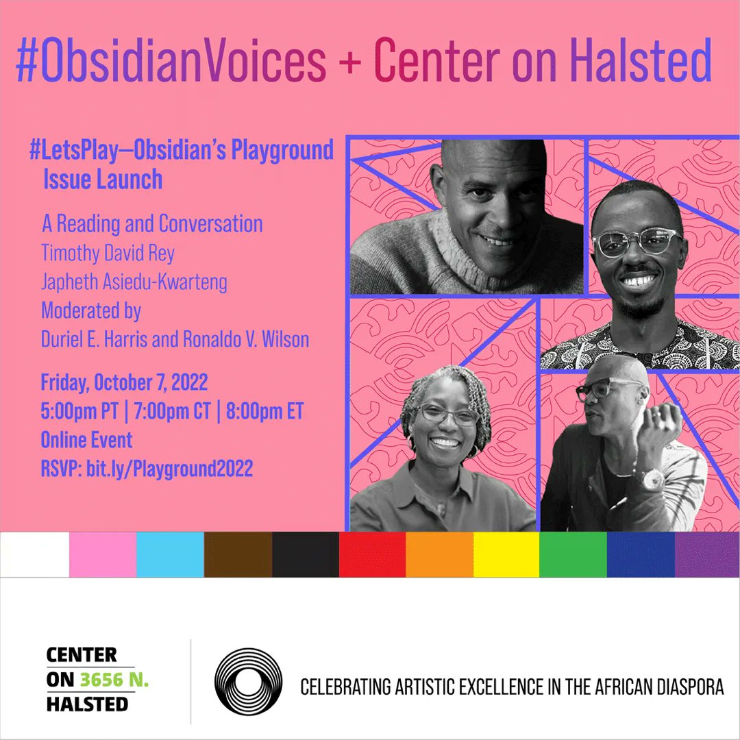 ObsidianLit's tweet photo. THERE IS STILL TIME TO RSVP for TONIGHT'S EVENT!
(Link in bio)
#OVFall2022 #CenterOnHalsted #Playground #Obsidian48.2 #BlackLit #BlackPoetry #BlackArt #BlackExcellence #ObsidianCommunity #ObsidanContributors #ObsidianEditor #LitMag https://t.co/GIareAN0HT