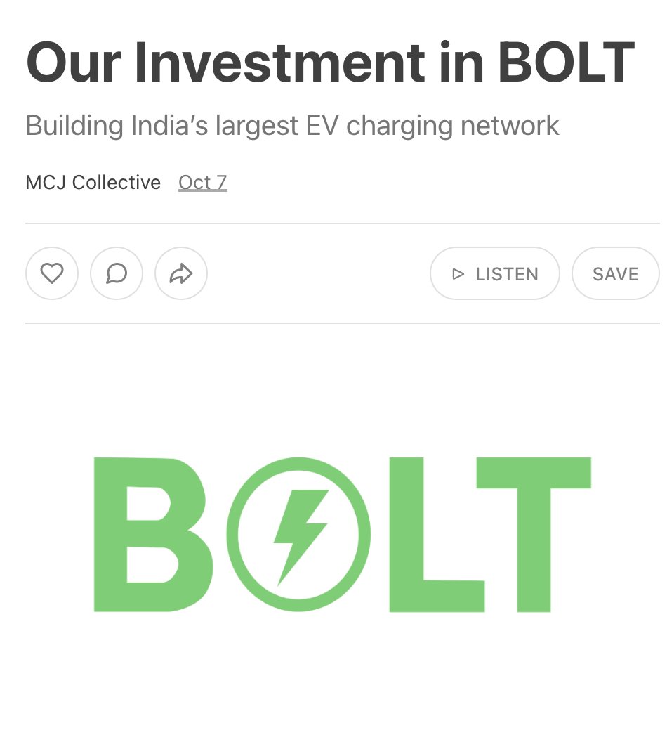 codysimms's tweet photo. A few months back I interviewed @mohit_bolt on @mcjpod as one of my 1st turns behind the🎙:
https://t.co/Y3Wm38BGhF

@bolt_earth is the largest EV charger network in India.

Today I'm happy to share that this eventually led to an @mcjcollective investment!
https://t.co/Omd48oDtVQ https://t.co/7BSqC2dmL9