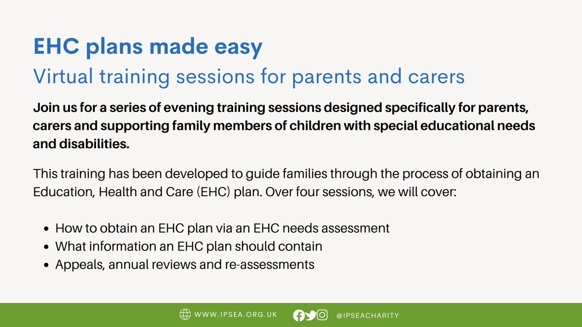 IPSEAcharity's tweet photo. We're running a series of evening training sessions in November to guide families through the process of obtaining an EHC plan.

More info and book here: https://t.co/YMziJnypyk

£65pp - money raised from our training goes towards funding our free helplines &amp; casework support. https://t.co/Wg8VCODIAp