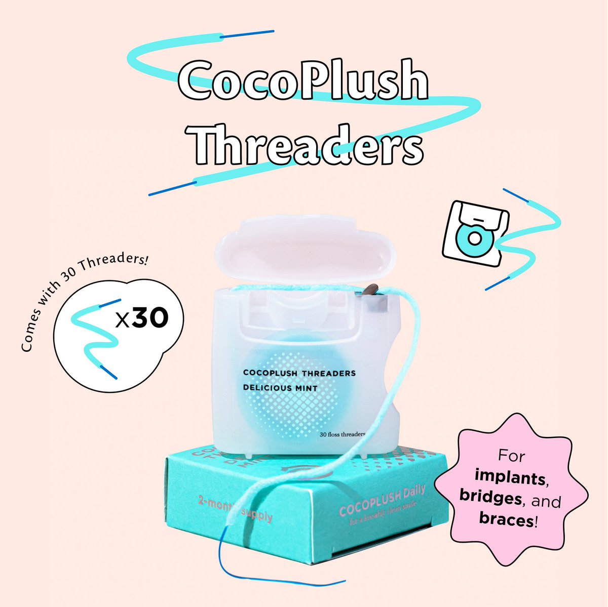 meetcocolab's tweet photo. See ya, old-school floss threaders! Our NEW CocoPlush Threaders are dentist-designed to help you floss tricky spaces. A built-in stiff threader slides into tight spots and extra-fluffy Cocofloss scrubs away plaque with ease!

https://t.co/mOKFLhYuvl https://t.co/uLbAqnE8BV