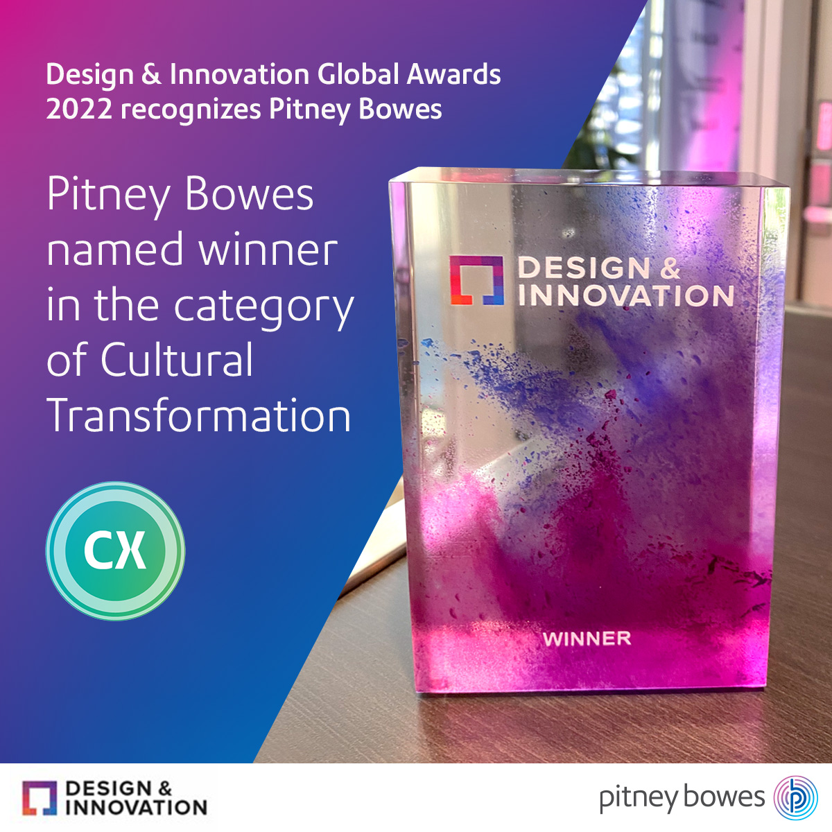 PitneyBowes's tweet photo. We are honored to be named the Cultural Transformation winner for the 2022 Design and Innovation Global Awards. Learn more: https://t.co/kcbYHW5cPk #DIAwards2022 #DesignThinking2022 #cx https://t.co/xe7maKd5T3