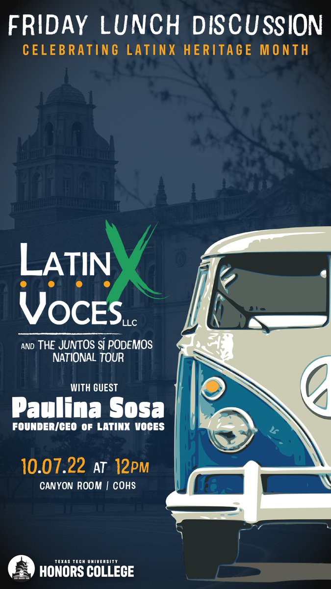 ltxvoces's tweet photo. π TODAY our founder @psosa077 kicks off this week's travel in Lubbock to speak about the "#LatinxBoostUpTour"at @TTUHonors for their #FridayLunchDiscussion at NOON (10.07.22 at 12pm)!
β
#texastech #ttu #lubbock #TTUHonors #texashonorscollege #juntossipodemos https://t.co/5D8JG8VsuG