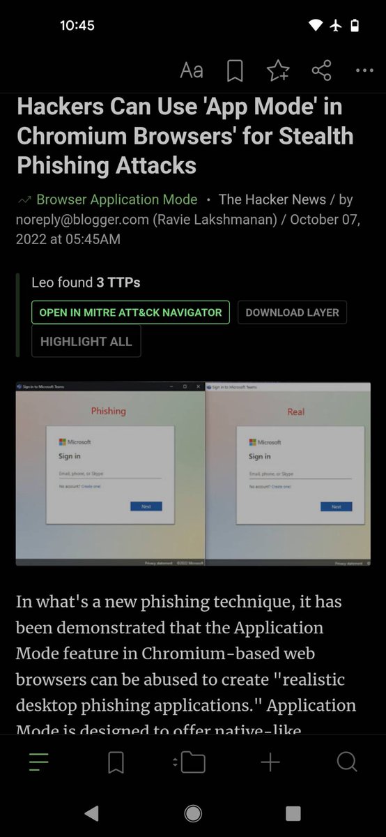 Swizzine's tweet photo. #Feedly had this cool #MitreAtt&amp;ck button (seemed not present on the actual website). Looks like they have up-d their #TextOnly / #CintentOnly #ReadingView!

@MITREattack @MITREattackDef https://t.co/AcwTncmKwp