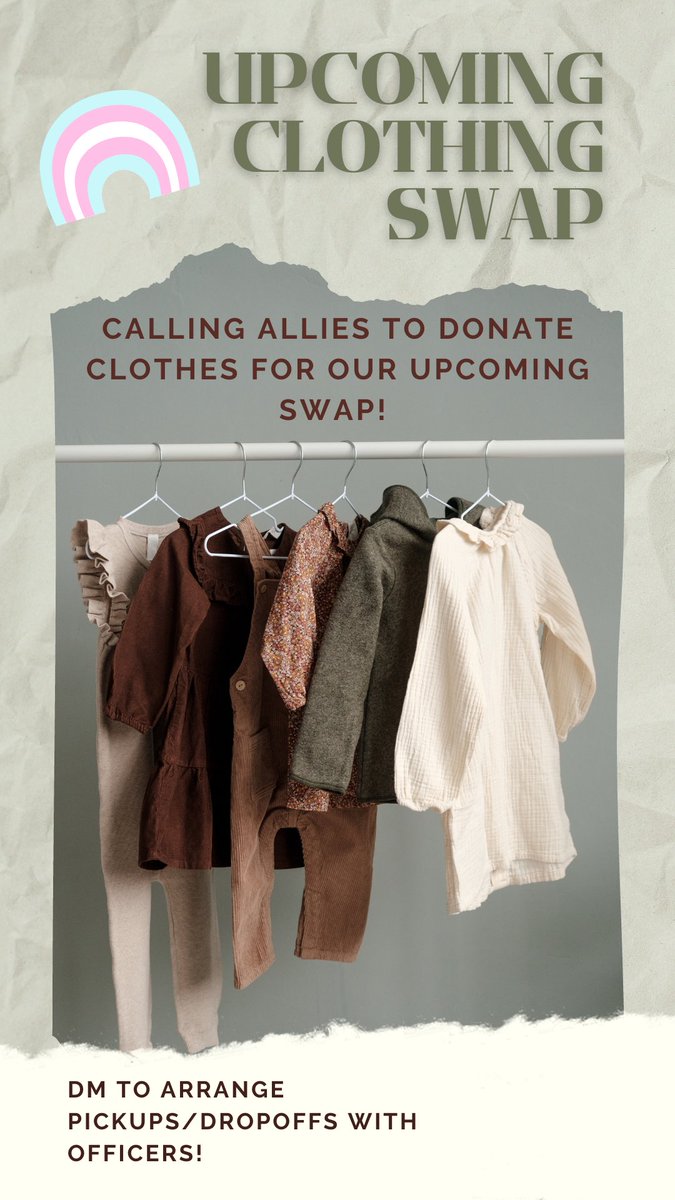 TranscendTAMU's tweet photo. Got some clothes that are in good condition but not your jam anymore? Consider donating them to our clothing swap by this Thursday! Some of our members have little to no gender affirming clothes as they restart a wardrobe from scratch, so please consider helping out 💕👢👗👚👔 https://t.co/xY5B53Iuel