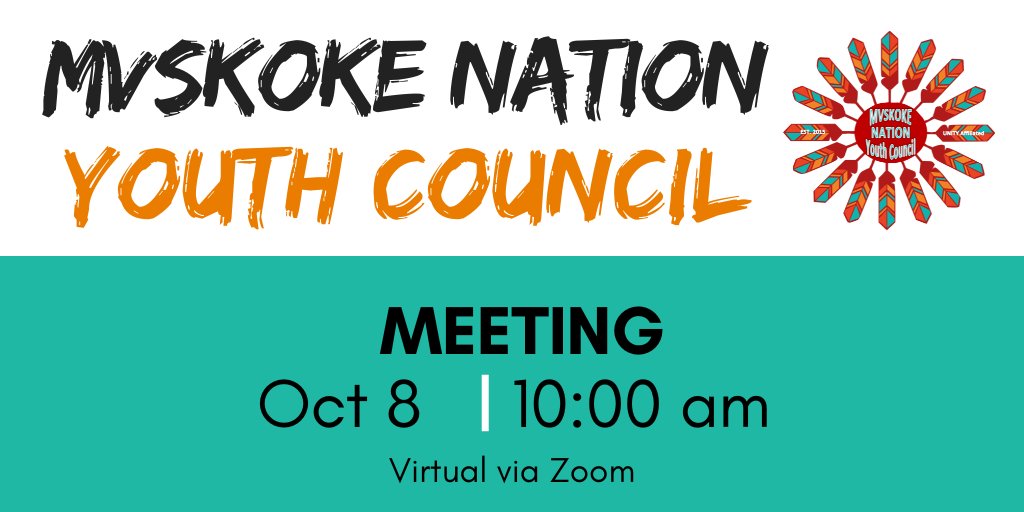 UPDATE! The Mvskoke Nation Youth Council meeting for October this Saturday will be changed to a virtual meeting on Zoom. To come to the meeting, visit: mvskokeyouth.com/event-registra… and click on "Youth Council Meeting" on the right side. See you all there!
