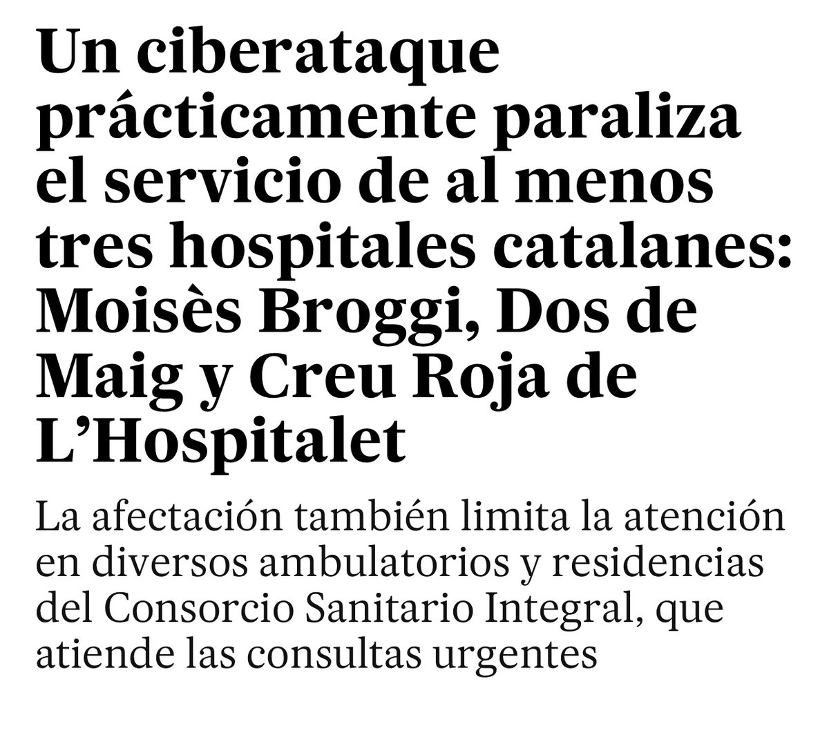 e_paniagua's tweet photo. Un ciberataque interrumpe actividad de al menos 3 hospitales catalanes y la atención en ambulatorios y residencias. No es q no estemos preparados para un mundo sin internet, es q no lo estamos ni para el más mínimo ataque. Por desgracia, seguimos sumando ejemplos a #Error404libro https://t.co/dTSeFzAGVw