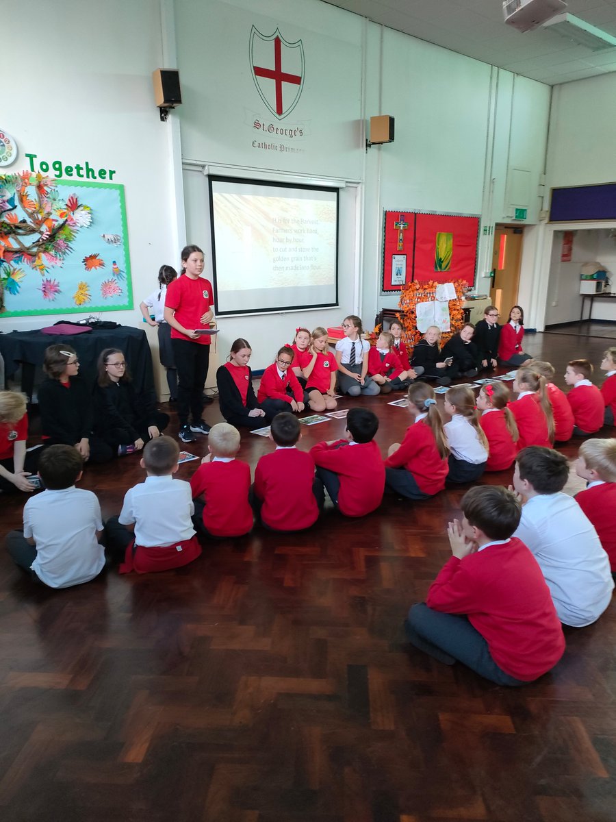 StGeorgesL31's tweet photo. Some of our 'SpiritSquad' children planned and led our harvest assembly for our juniors today. They chose their own scripture, songs and speaking parts. Fantastic effort! They are asking families to please donate food for our food bank next week. #restg https://t.co/En9oDEt3Gd