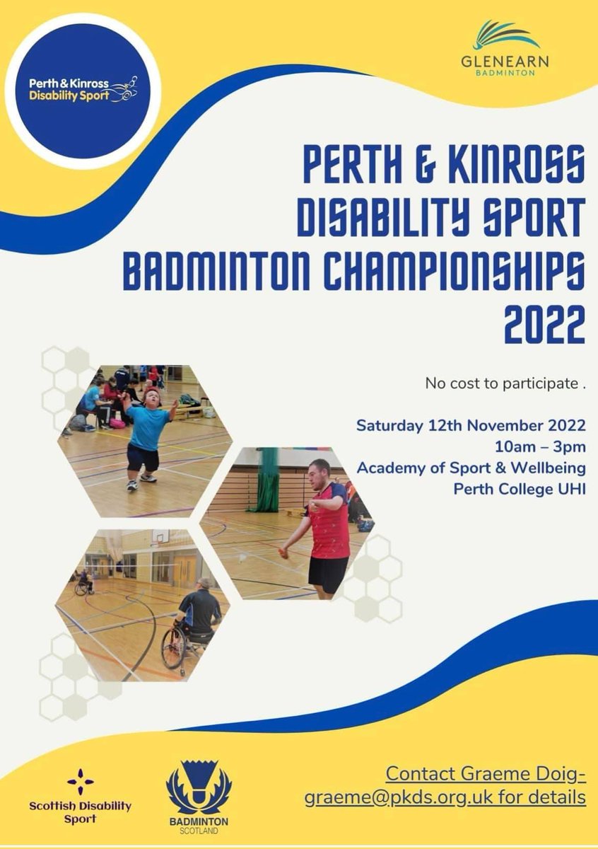 Entries are still open for our PKDS Badminton championships on Saturday 12th November at @ASWPerthCollege in partnership with @GlenearnBadm and @SBUTayside Suitable for all abilities, full details on our website - pkds.org.uk/events/perth-k… No cost to participate 😀