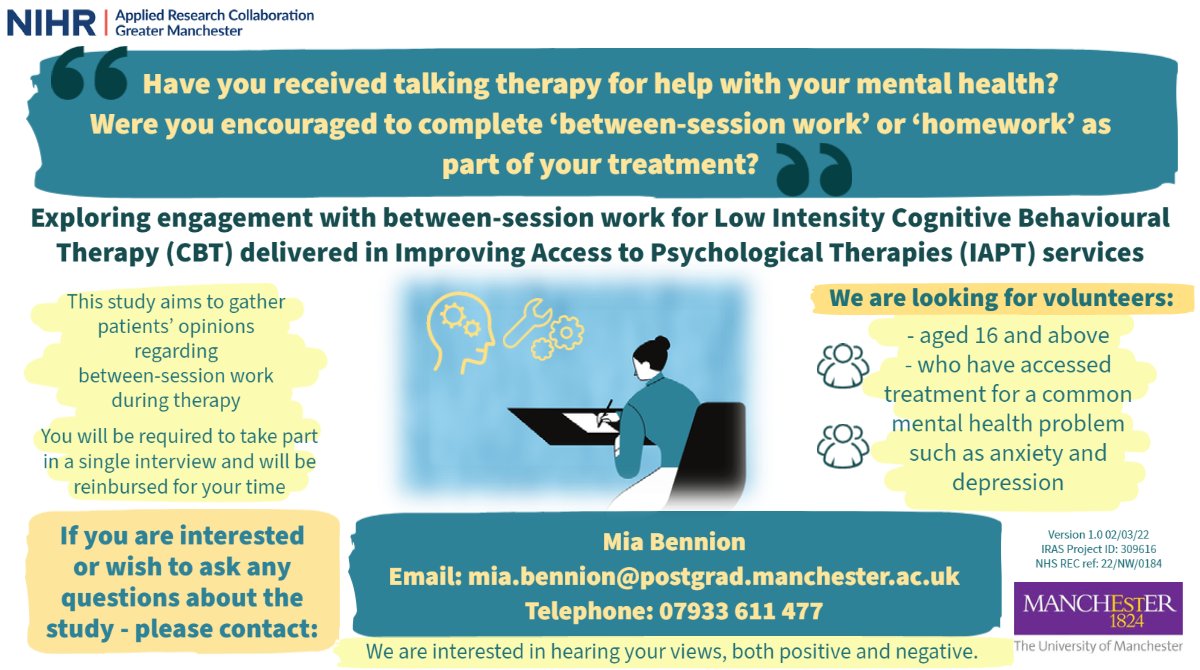 between_session's tweet photo. Would you like to take part in mental health research at the University of Manchester? Have you received talking therapy from an Improving Access to Psychological Therapies (IAPT)?

Please contact Mia Bennion for further information: mia.bennion@postgrad.manchester.ac.uk https://t.co/chCgI4TWzJ