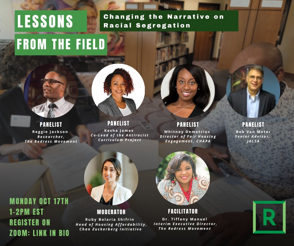 WOW! What a panel!
Join us October 17th for a can’t miss conversation as we explore how our Redress partners around the country are documenting the history of racial segregation in their communities as a means of educating people and mobilizing them to action.