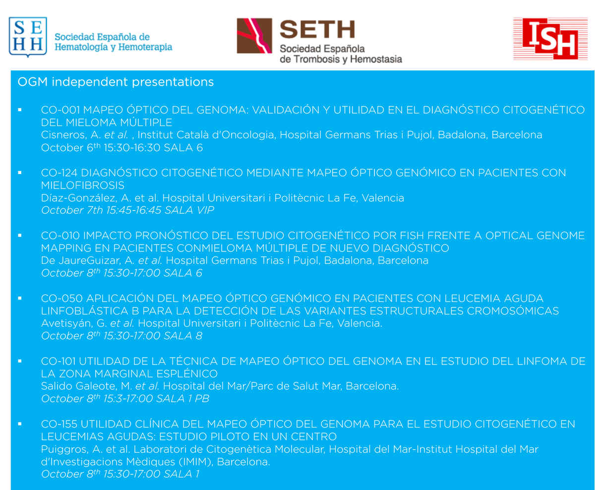 ChloeTessereau's tweet photo. #hemato2022 
What a pleasure to see the success of @bionanogenomics Optical Genome Mapping technology at the SEHH-SETH-ISH annual congress: 6 independent presentations from Spanish sites of excellence presenting #OGM for the characterization of different types of blood cancers. https://t.co/Kkg4S2RpXK