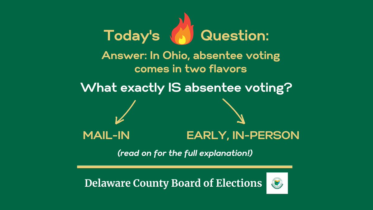delcoboe's tweet photo. What exactly IS absentee voting?  In Ohio, absentee voting comes in two flavors: mail-in absentee voting (where you request a ballot, it’s mailed to you, then you fill it out and either mail it back or drop it off in our dropbox or our office, both located at  1/ https://t.co/2enhI0zRHu