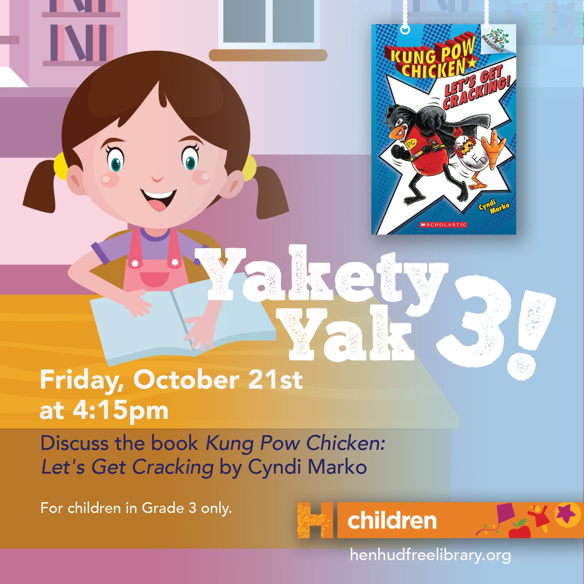 HenHudLibrary's tweet photo. Once registered, visit the children’s room to pick-up your FREE copy of the book or email lpuskar@wlsmail.org to schedule a curbside pick-up. Visit our website to register.
#yaketyyak #kungpowchicken #letsgetcracking #cyndimarko #reading #hhfl #montorseny #library https://t.co/nsWzjlpk4P