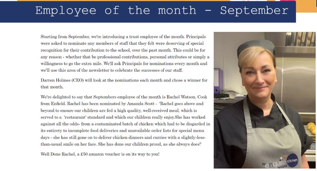 enfield_academy's tweet photo. A huge well done to our very own cook here at Enfield, who has been awarded Employee of the Month across the whole of @EnquireTrust! Mrs Watson goes above and beyond for all of our children, so we are incredibly proud that she has been recognised. Well done, Mrs Watson! @Enquire1 https://t.co/hIWuP0d6Id