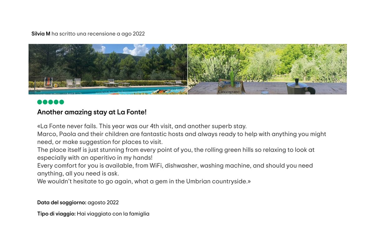 ag_lafonte's tweet photo. Thank you Silvia for the amazing  @TripAdvisorIT review!
@Tripadvisor #tripadvisor #tripadvisorreview #review #visitperugia #visitumbria #visititaly #lafonteholidayfarm https://t.co/106zlTpe18