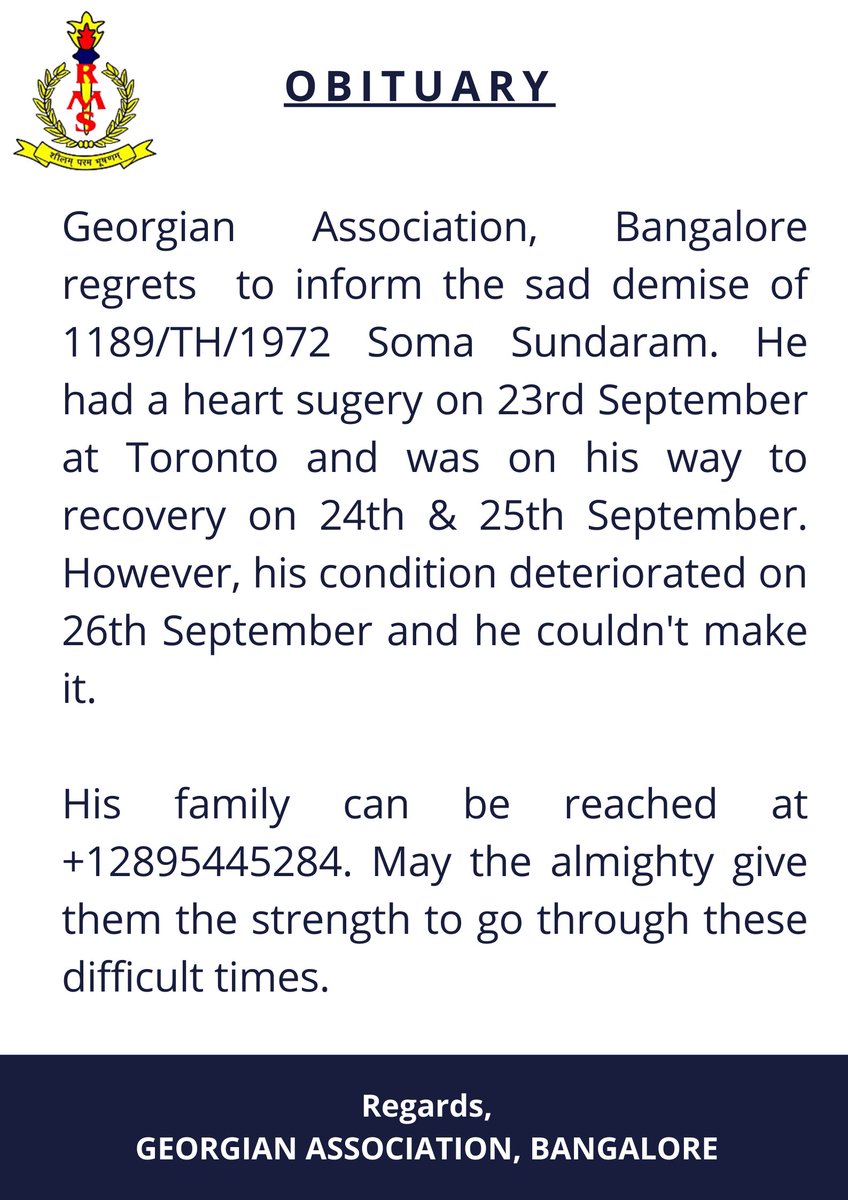 GeorgianBlore's tweet photo. Georgian Association, Bangalore regrets to inform about the demise of our senior member 1189/TH/1972 Soma Sundaram. https://t.co/X7r5Jo3hTi