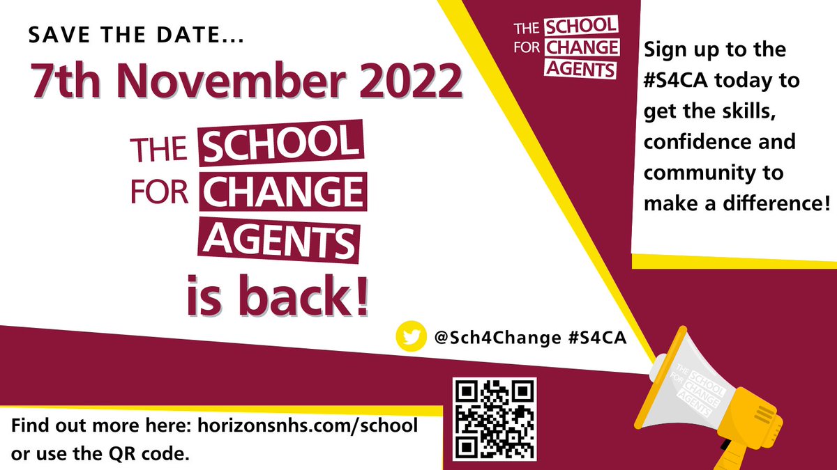 We've got an exciting date for your diary...
🗓️7th November 2022
🌟The School For Change Agents is back!🌟
Sign up to the #S4CA today to get the skills, confidence and community to make a difference.
Head to: ➡️horizonsnhs.com/school
See you there! 🤩
