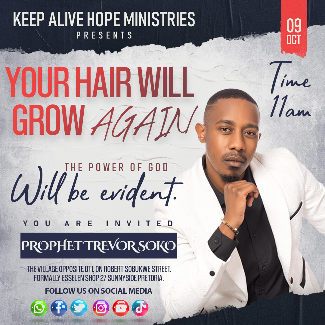 prophettrevors's tweet photo. Join me this Sunday from 11am onwards as I delve into a message called "Your hair will grow again". It's your set time and appointment with the Lord through the prophet of God. Invite your friends and families because this day wont be ordinary. https://t.co/qSXtw6f84q
