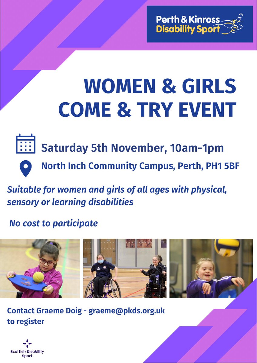 We are delighted to invite Women & Girls with physical, learning or sensory disabilities to our ‘Woman & Girls in Sport Come & Try Event’ on Saturday 5th November Full details on how to get involved on our website - pkds.org.uk/events/perth-k… No cost to participate #SheCanSheWill
