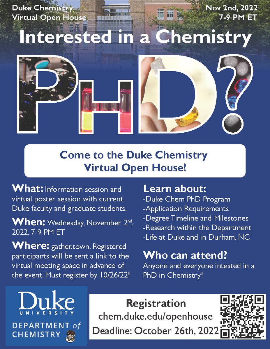 Interested in a chemistry PhD? Come to the @DukeChemistry Virtual Open House in @gather_town on Nov 2! Learn about the program and talk with current faculty and students. Register here: chem.duke.edu/openhouse Please RT!!