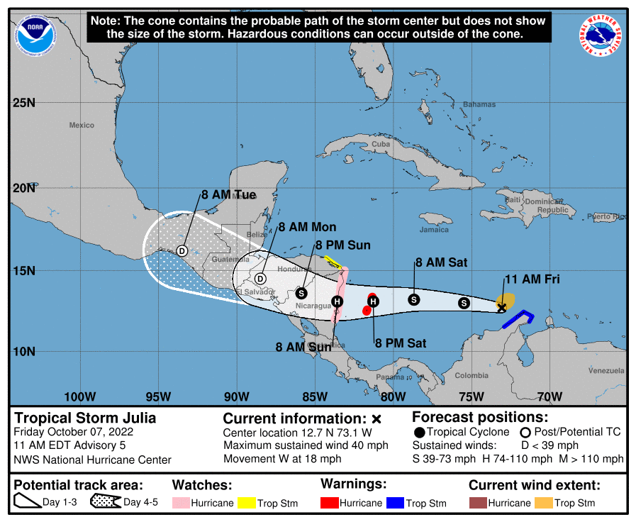 La tempête tropicale #Julia s'est formée au large de la Colombie. Elle devrait s'intensifier en ouragan en gagnant les îles San Andres et Providencia puis le #Nicaragua. 