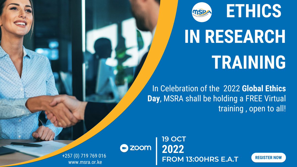 MSRAAfrica's tweet photo. Join us on October 19th as we celebrate the #GlobalEthicsDay 2022 through a free #virtual research ethics training. Join us and get to learn more about the importance of upholding ethical standards in research.
Register here>https://t.co/j0jYD1AFkI
#EthicsEmpowered #ethicsday https://t.co/aXeY2vEdFS